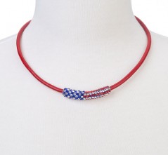 RWB Crystal Flag Bar on Red Leather Cord Necklace