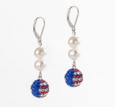 Stars & Stripes Single Pave' Ball with Double Pearl Earrings